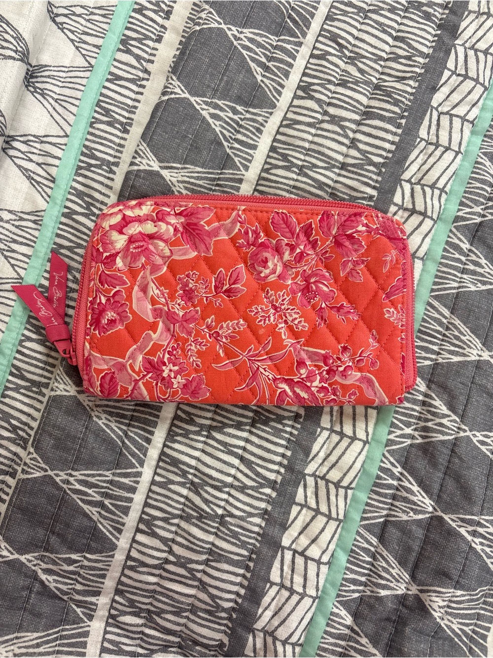 Vera Bradley Coral and Pink Floral Quilted Zip Wallet